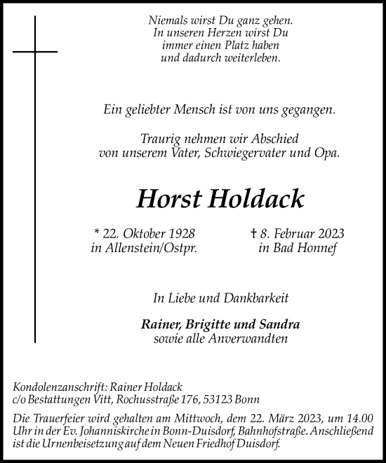 Anzeige von Horst Holdack von General-Anzeiger Bonn