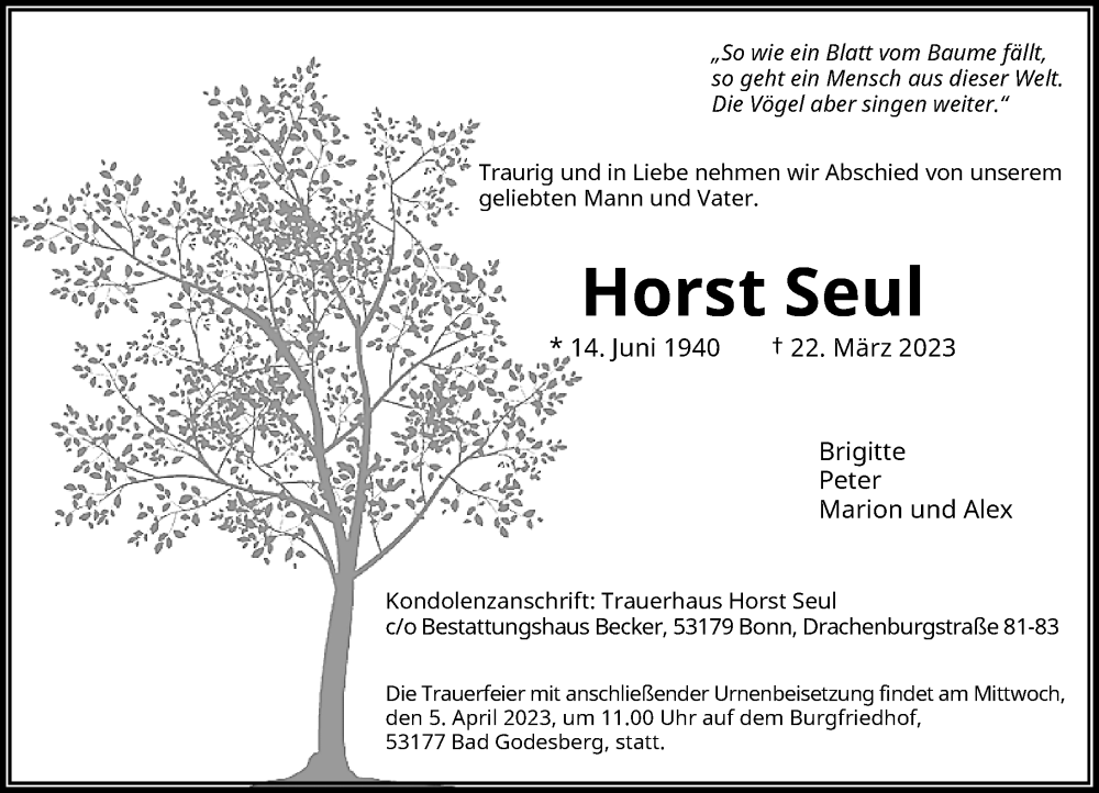  Traueranzeige für Horst Seul vom 25.03.2023 aus General-Anzeiger Bonn