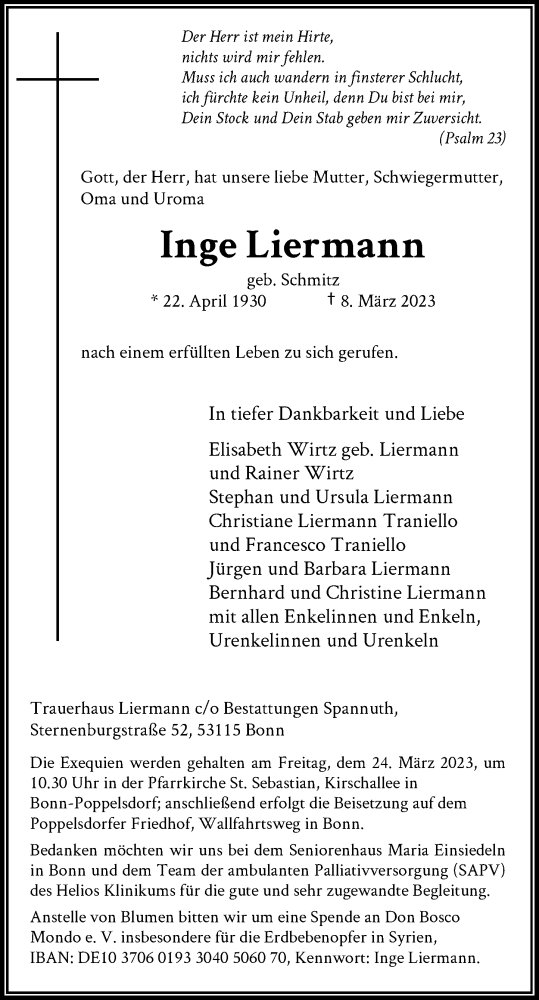  Traueranzeige für Inge Liermann vom 18.03.2023 aus General-Anzeiger Bonn