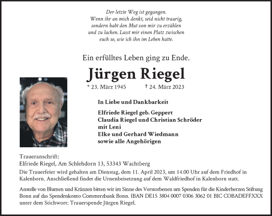Anzeige von Jürgen Riegel von General-Anzeiger Bonn