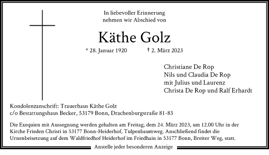 Anzeige von Käthe Golz von General-Anzeiger Bonn
