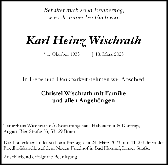 Anzeige von Karl Heinz Wischrath von General-Anzeiger Bonn