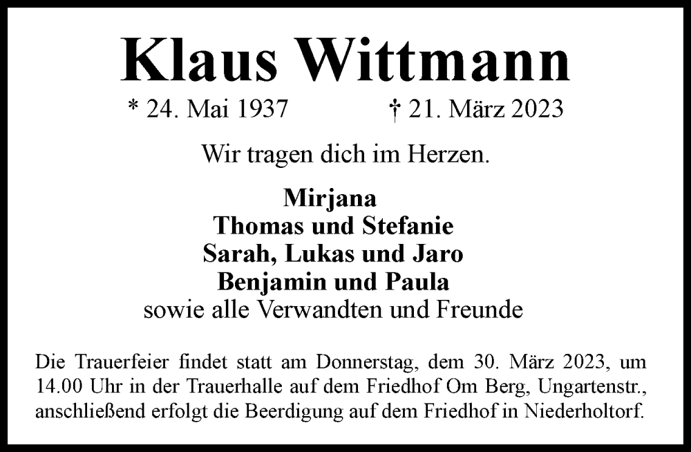  Traueranzeige für Klaus Wittmann vom 25.03.2023 aus General-Anzeiger Bonn