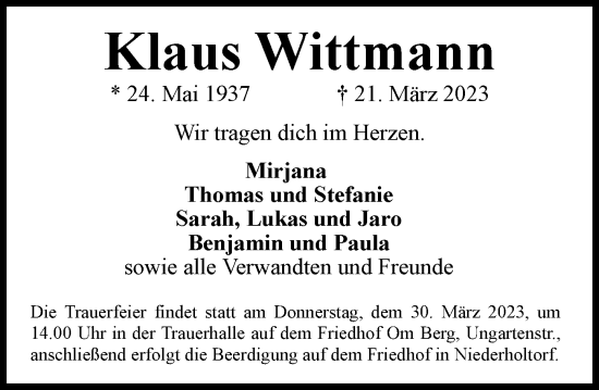 Anzeige von Klaus Wittmann von General-Anzeiger Bonn