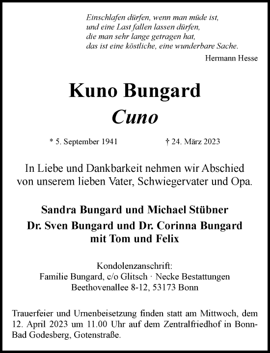 Anzeige von Kuno Bungard von General-Anzeiger Bonn