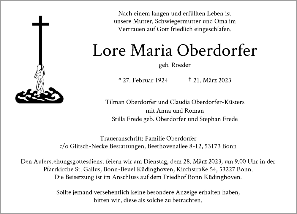  Traueranzeige für Lore Maria Oberdorfer vom 25.03.2023 aus General-Anzeiger Bonn