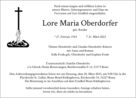 Anzeige von Lore Maria Oberdorfer von General-Anzeiger Bonn