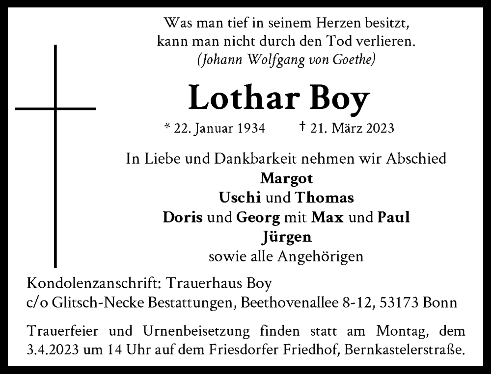  Traueranzeige für Lothar Boy vom 25.03.2023 aus General-Anzeiger Bonn