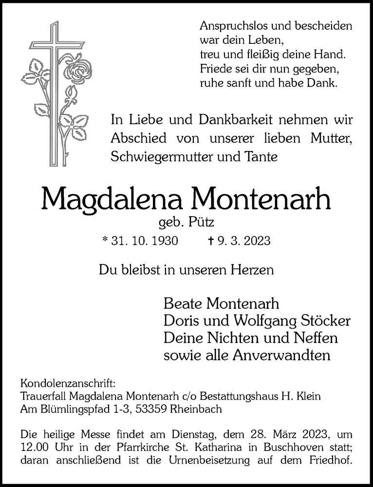  Traueranzeige für Magdalena Montenarh vom 18.03.2023 aus General-Anzeiger Bonn