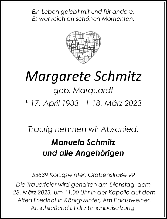Anzeige von Margarete Schmitz von General-Anzeiger Bonn