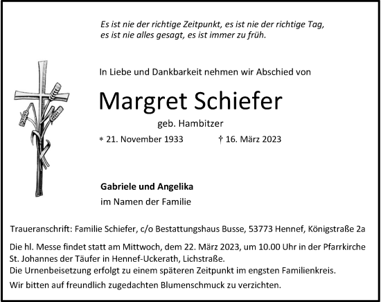 Anzeige von Margret Schiefer von General-Anzeiger Bonn