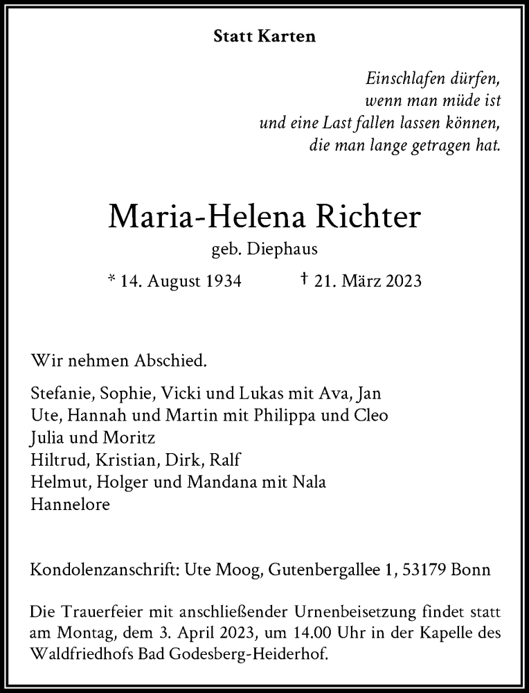  Traueranzeige für Maria-Helena Richter vom 25.03.2023 aus General-Anzeiger Bonn