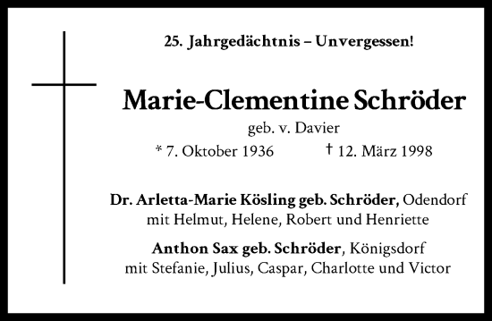 Anzeige von Marie-Clementine Schröder von General-Anzeiger Bonn