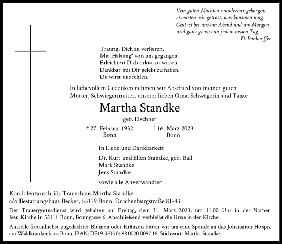 Anzeige von Martha Standke von General-Anzeiger Bonn