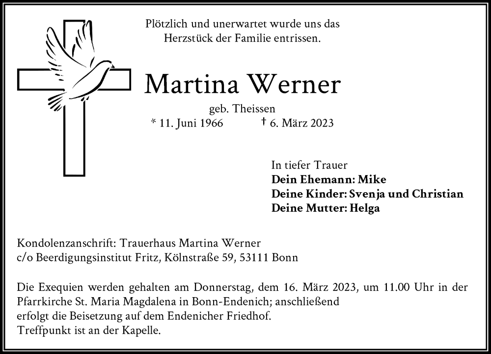  Traueranzeige für Martina Werner vom 11.03.2023 aus General-Anzeiger Bonn