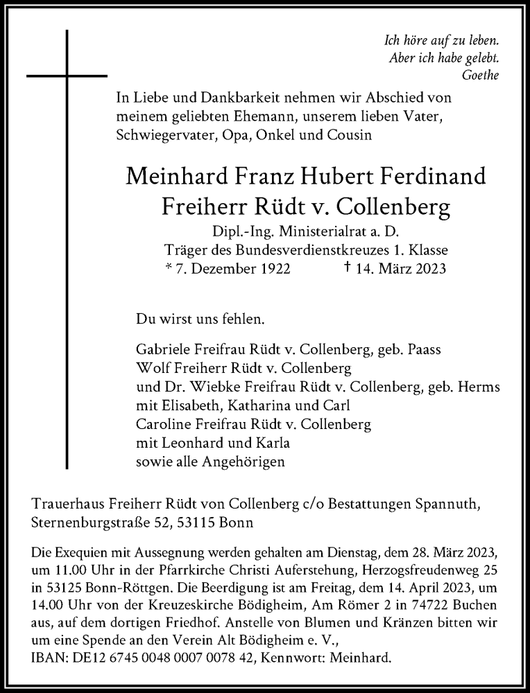  Traueranzeige für Meinhard Franz Hubert Ferdinand Freiherr Rüdt v. Collenberg vom 18.03.2023 aus General-Anzeiger Bonn