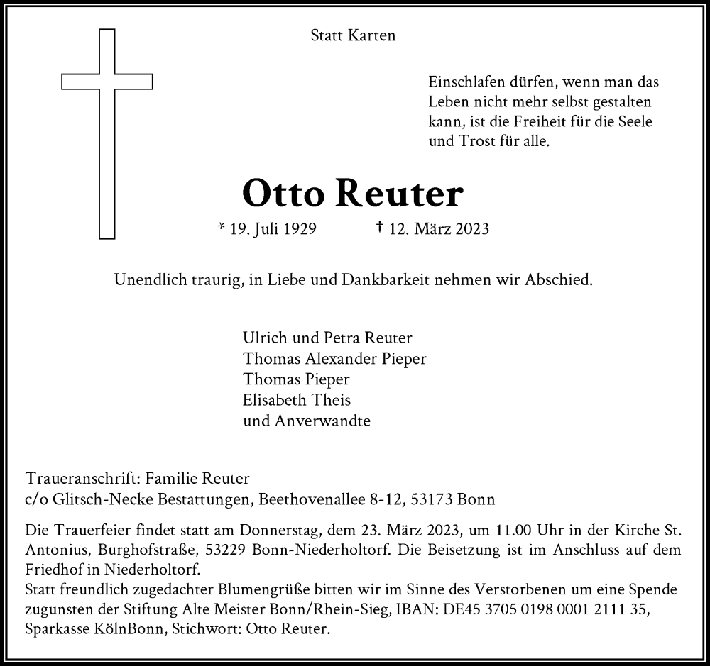  Traueranzeige für Otto Reuter vom 18.03.2023 aus General-Anzeiger Bonn