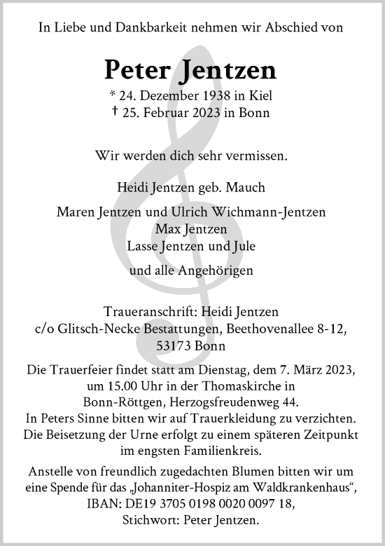Anzeige von Peter Jentzen von General-Anzeiger Bonn