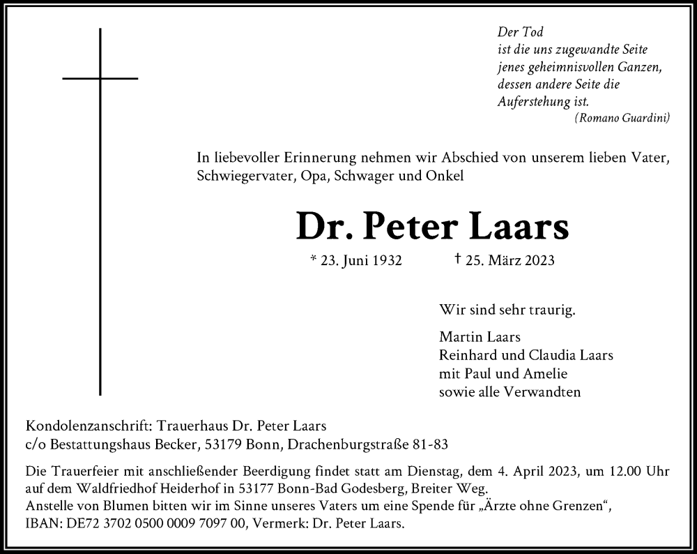  Traueranzeige für Peter Laars vom 01.04.2023 aus General-Anzeiger Bonn