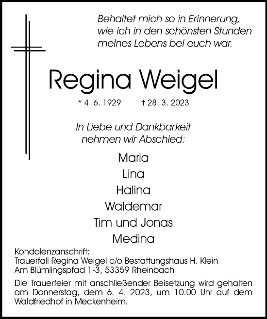 Anzeige von Regina Weigel von General-Anzeiger Bonn