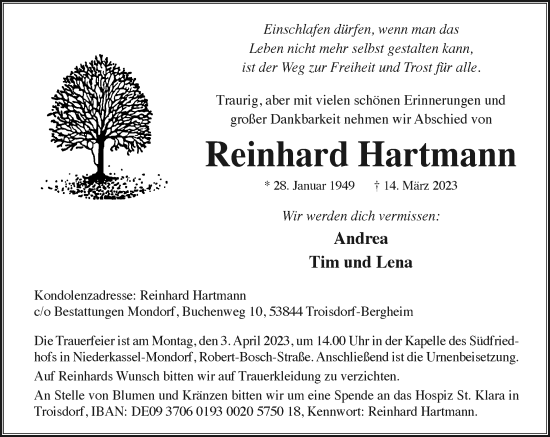 Anzeige von Reinhard Hartmann von General-Anzeiger Bonn