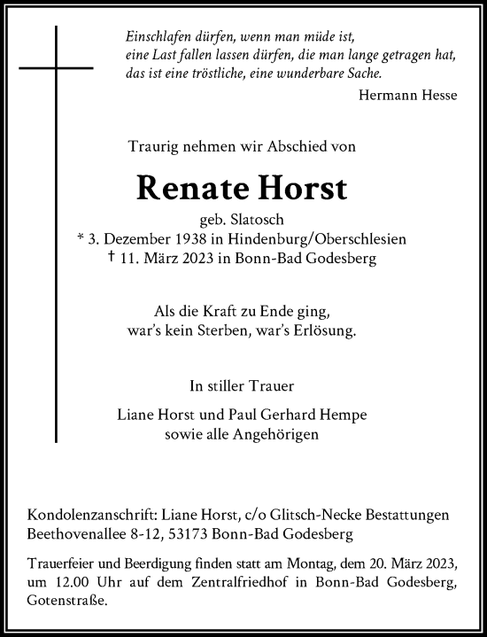 Anzeige von Renate Horst von General-Anzeiger Bonn