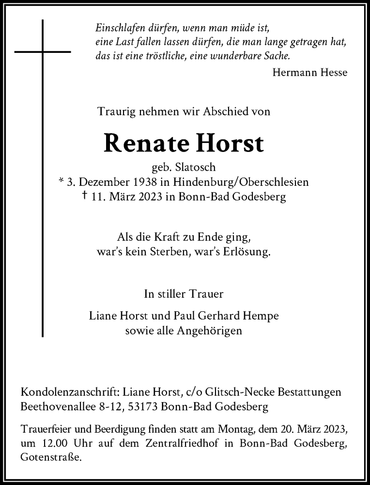  Traueranzeige für Renate Horst vom 18.03.2023 aus General-Anzeiger Bonn