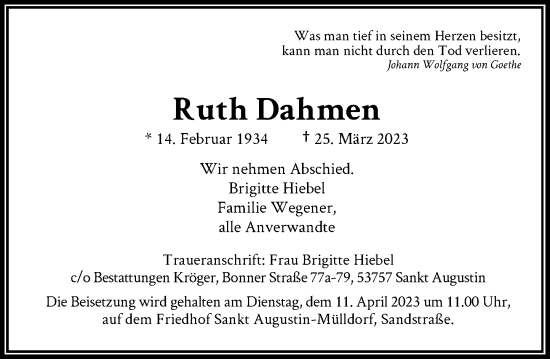 Anzeige von Ruth Dahmen von General-Anzeiger Bonn