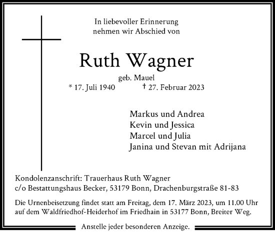 Anzeige von Ruth Wagner von General-Anzeiger Bonn