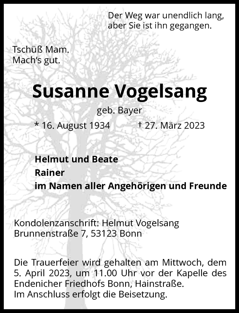  Traueranzeige für Susanne Vogelsang vom 01.04.2023 aus General-Anzeiger Bonn