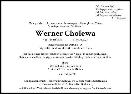 Anzeige von Werner Cholewa von General-Anzeiger Bonn