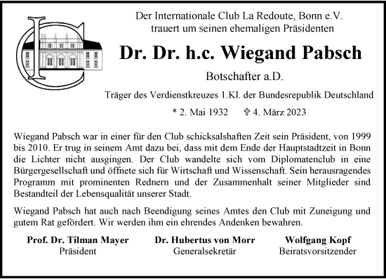 Anzeige von Wiegand Pabsch von General-Anzeiger Bonn