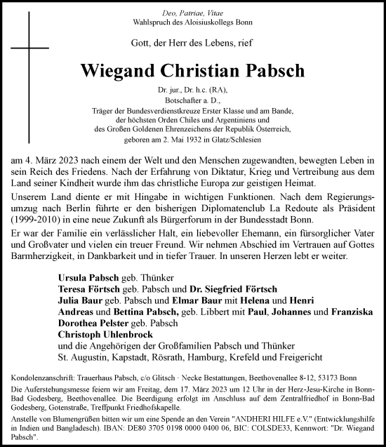 Anzeige von Wiegand Christian Pabsch von General-Anzeiger Bonn