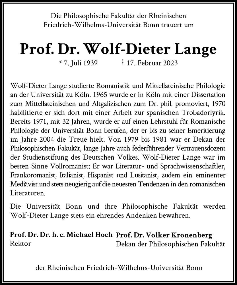  Traueranzeige für Wolf-Dieter Lange vom 01.04.2023 aus General-Anzeiger Bonn