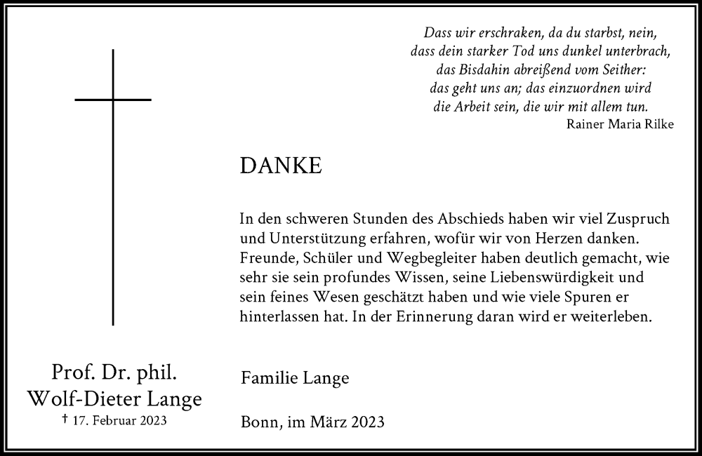  Traueranzeige für Wolf-Dieter Lange vom 25.03.2023 aus General-Anzeiger Bonn