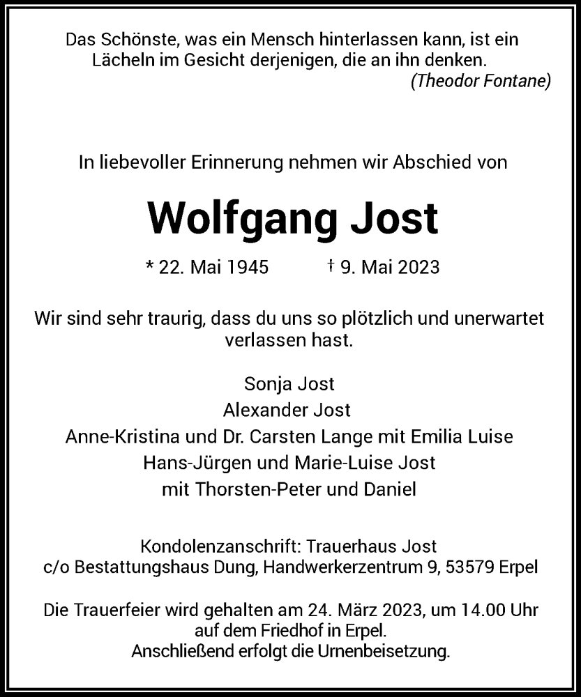  Traueranzeige für Wolfgang Jost vom 18.03.2023 aus General-Anzeiger Bonn