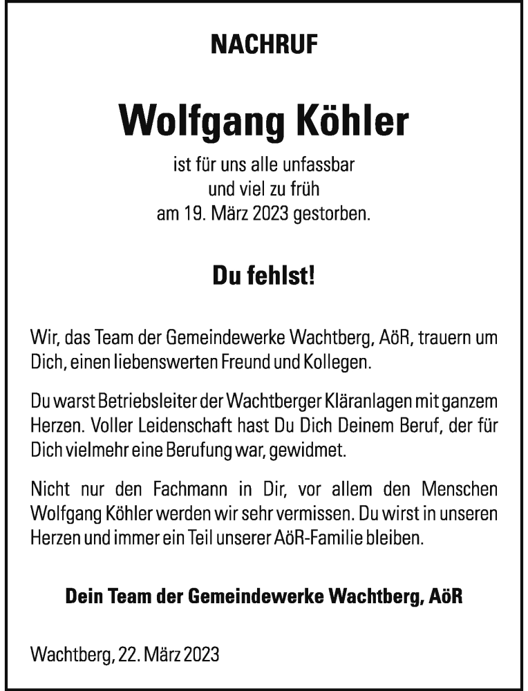  Traueranzeige für Wolfgang Köhler vom 28.03.2023 aus General-Anzeiger Bonn