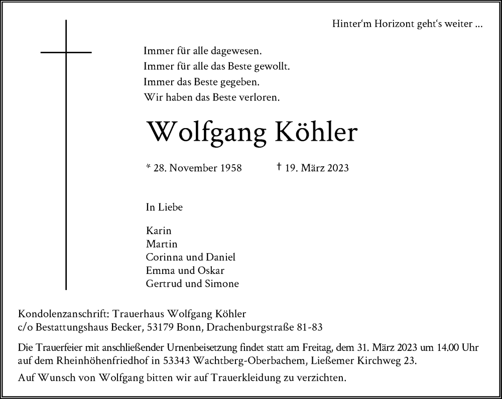  Traueranzeige für Wolfgang Köhler vom 25.03.2023 aus General-Anzeiger Bonn