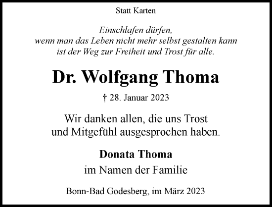 Anzeige von Wolfgang Thoma von General-Anzeiger Bonn
