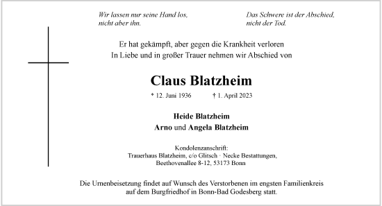 Anzeige von Claus Blatzheim von General-Anzeiger Bonn