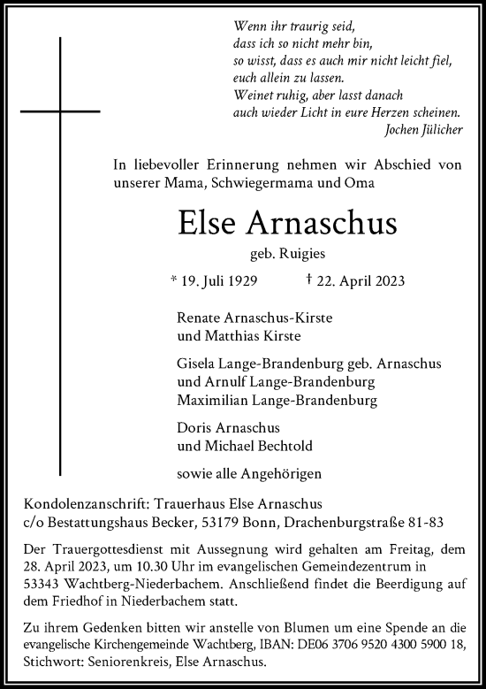 Anzeige von Else Arnaschus von General-Anzeiger Bonn
