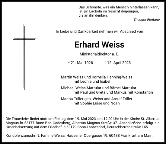 Anzeige von Erhard Weiss von General-Anzeiger Bonn