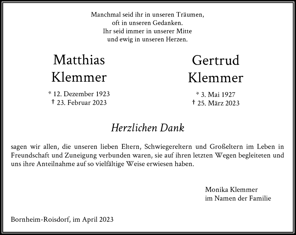  Traueranzeige für Gertrud Klemmer vom 29.04.2023 aus General-Anzeiger Bonn