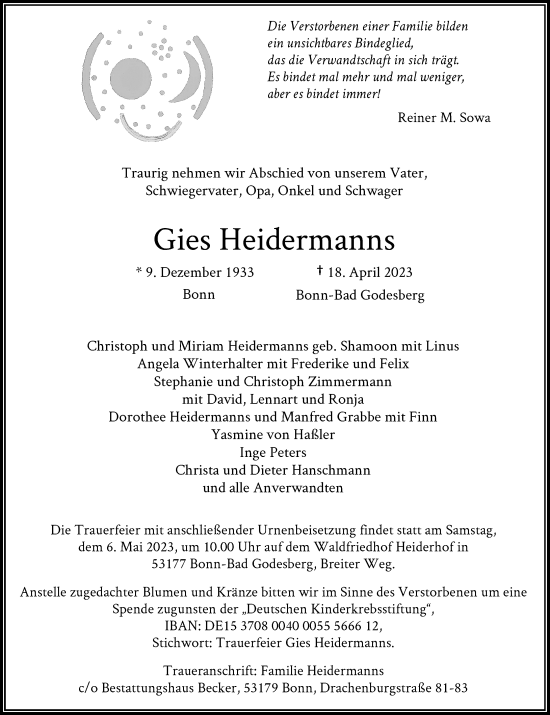 Anzeige von Gies Heidermanns von General-Anzeiger Bonn