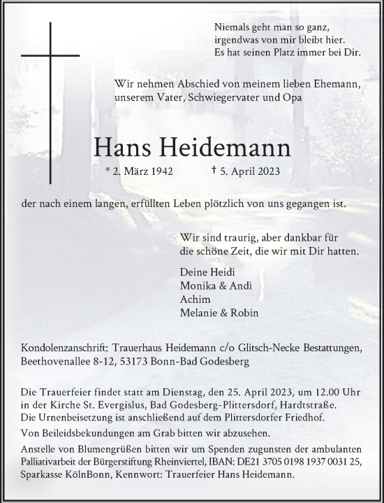 Anzeige von Hans Heidemann von General-Anzeiger Bonn