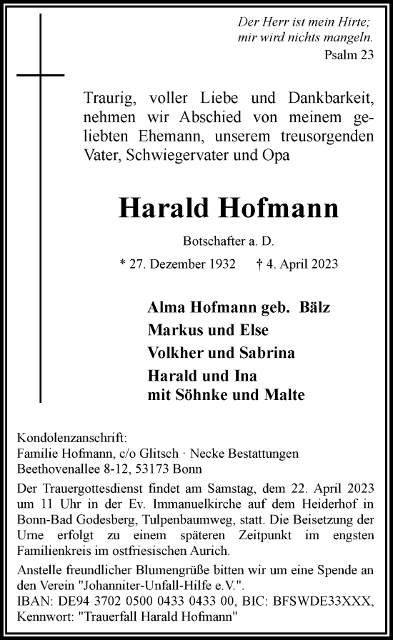 Anzeige von Harald Hofmann von General-Anzeiger Bonn