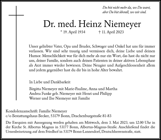 Anzeige von Heinz Niemeyer von General-Anzeiger Bonn