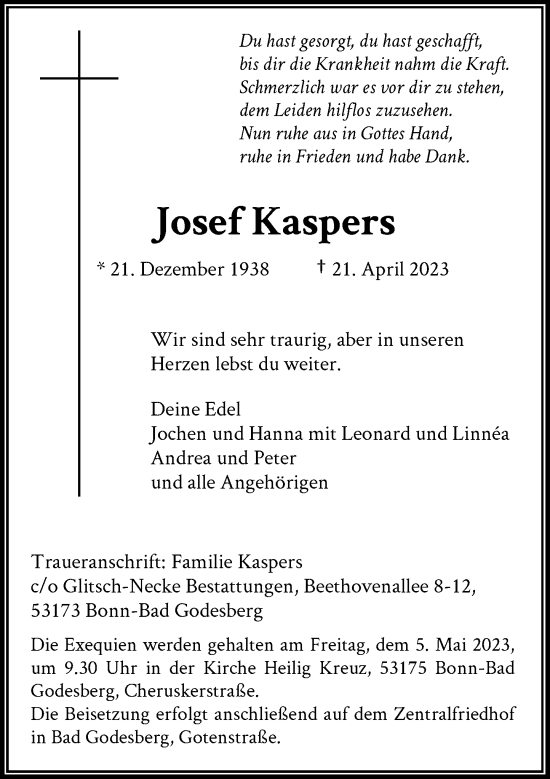 Anzeige von Josef Kaspers von General-Anzeiger Bonn