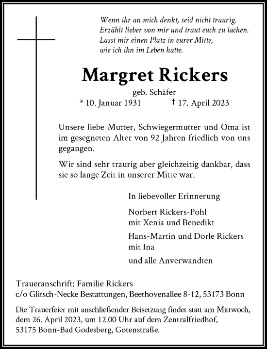 Anzeige von Margret KicKers von General-Anzeiger Bonn