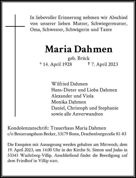 Anzeige von Maria Dahmen von General-Anzeiger Bonn